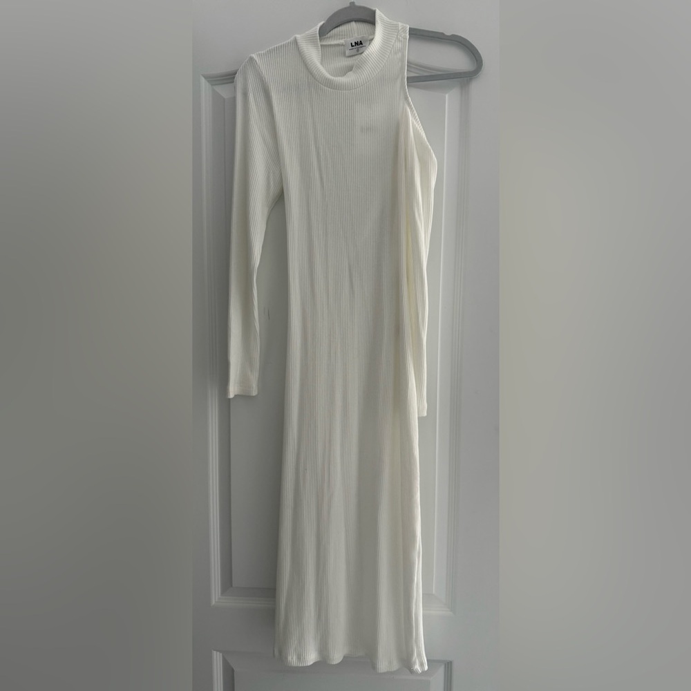 LNA Cream One-Shoulder Ribbed Knit Maxi Dress